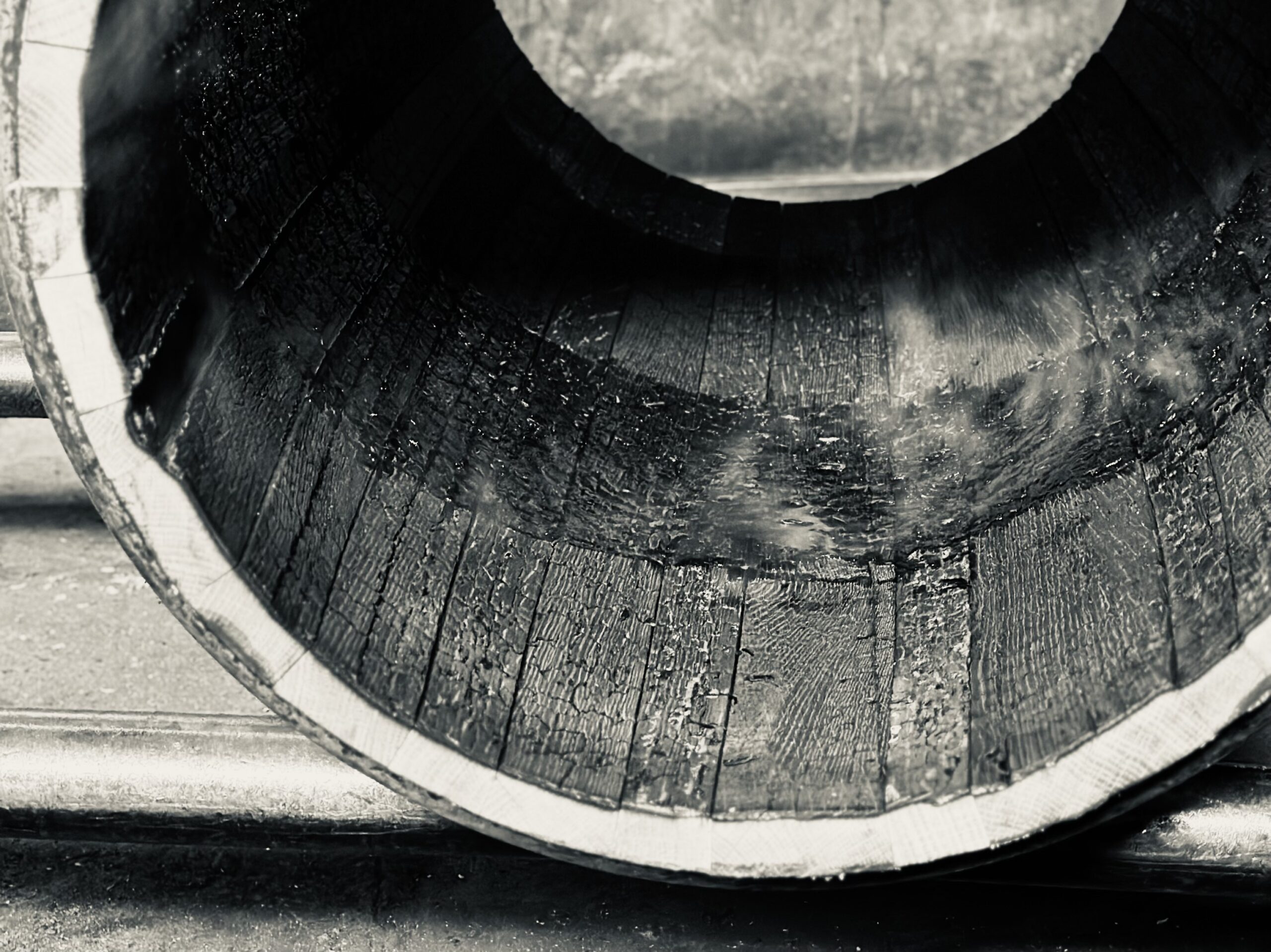 Charred Oak ZAK Cooperage Barrels after being toasted and charred for making bourbon whiskey